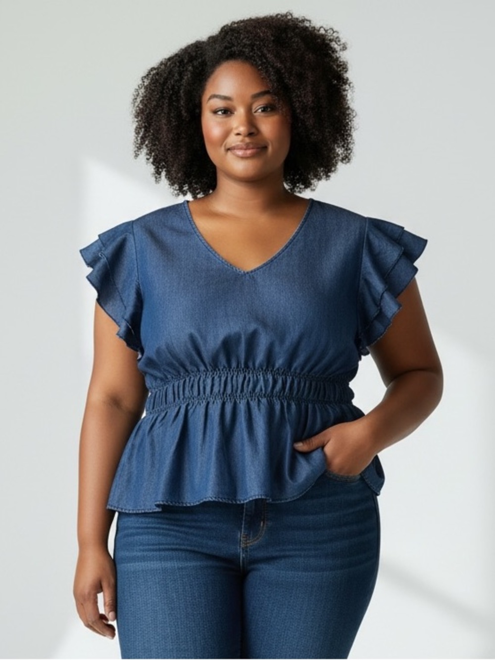 Ci Sono peplum top flutter sleeve vneck smocked waist indigo blue